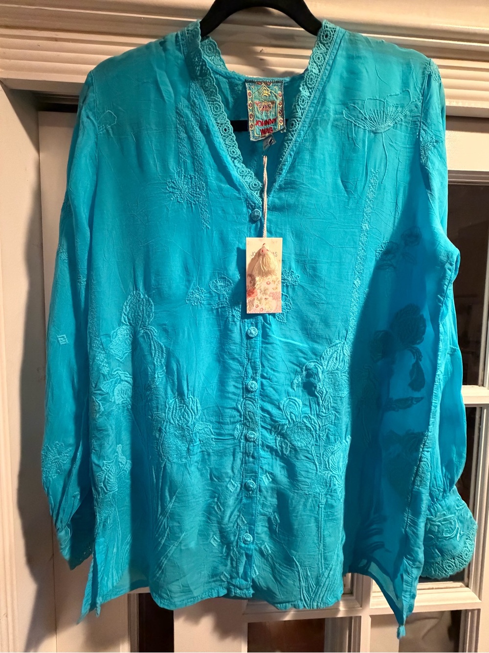 Johnny Was Turquoise Embroidered Button-Down Blouse